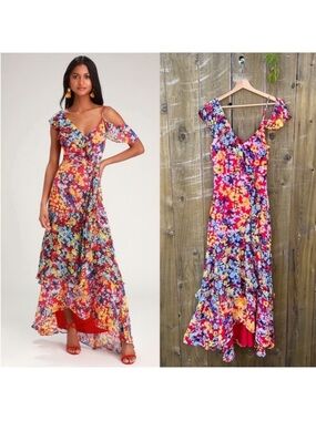 Red Radiant Ruby Floral Chiffon Asymmetric Dress 🌿